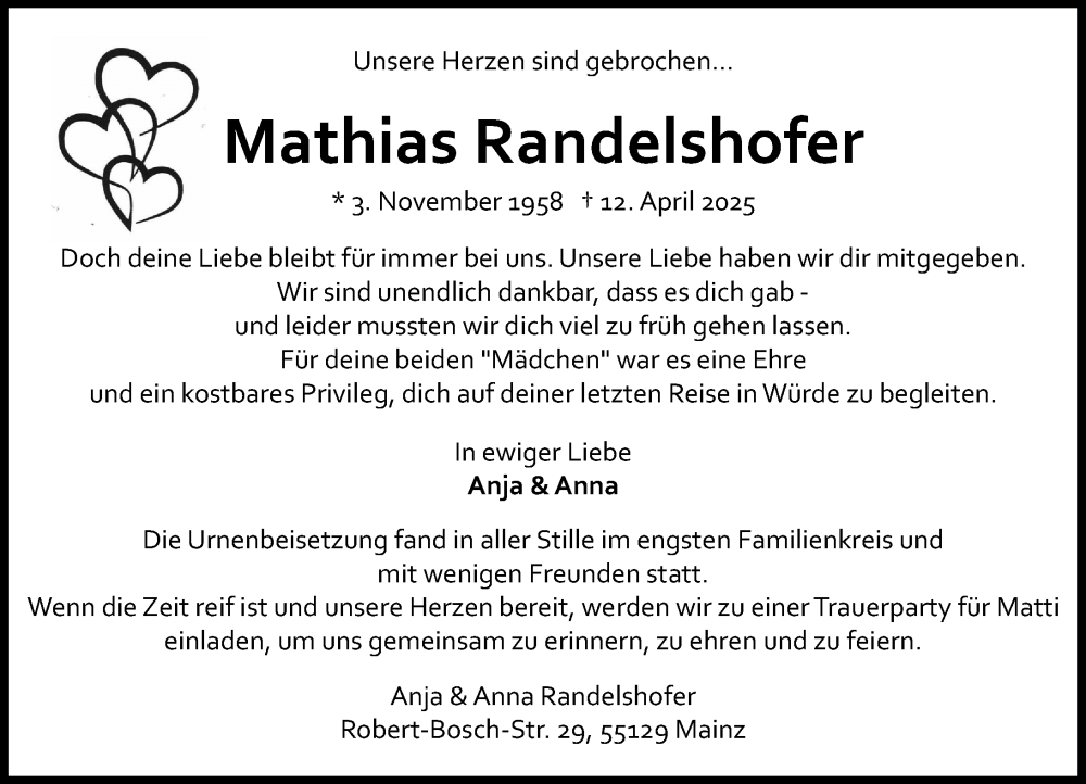  Traueranzeige für Mathias Randelshofer vom 03.05.2025 aus Allgemeine Zeitung Mainz