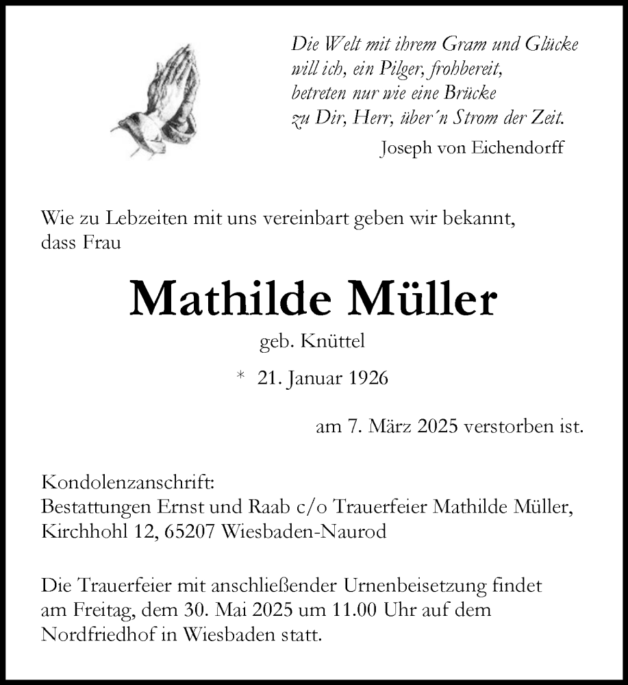  Traueranzeige für Mathilde Müller vom 03.05.2025 aus Wiesbadener Kurier