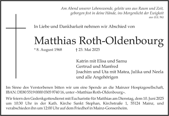 Traueranzeige von Matthias Roth-Oldenbourg von Allgemeine Zeitung Mainz