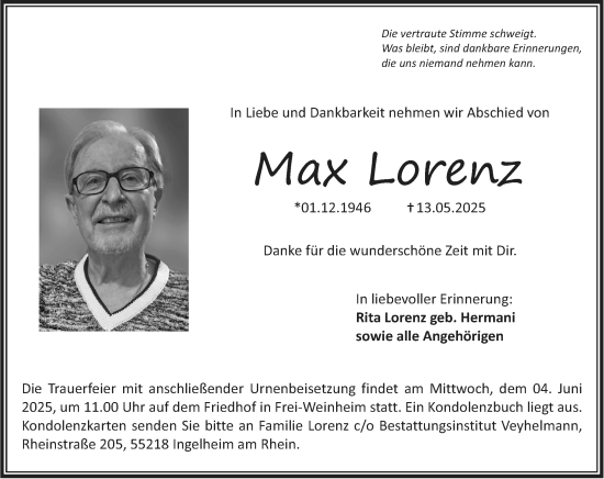 Traueranzeige von Max Lorenz von Allgemeine Zeitung Rheinhessen-Nahe