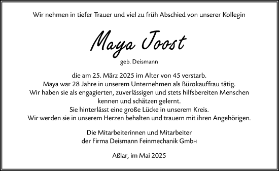 Traueranzeige von Maya Joost von Wetzlarer Neue Zeitung