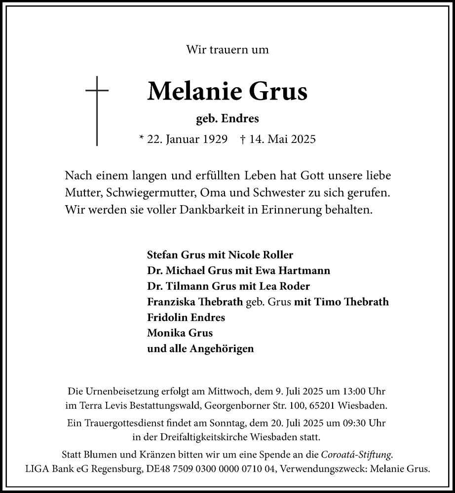  Traueranzeige für Melanie Grus vom 24.05.2025 aus Wiesbadener Kurier