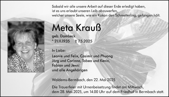 Traueranzeige von Meta Krauß von Camberger Anzeiger