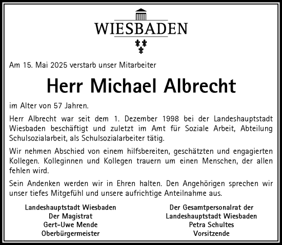 Traueranzeige von Michael Albrecht von Wiesbadener Kurier