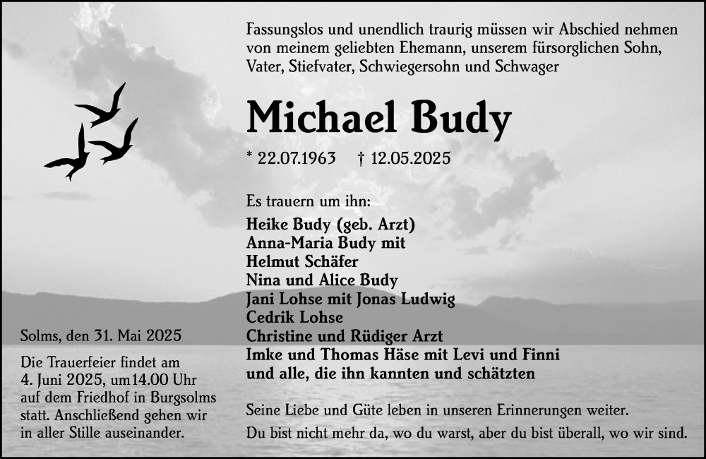  Traueranzeige für Michael Budy vom 31.05.2025 aus Wetzlarer Neue Zeitung