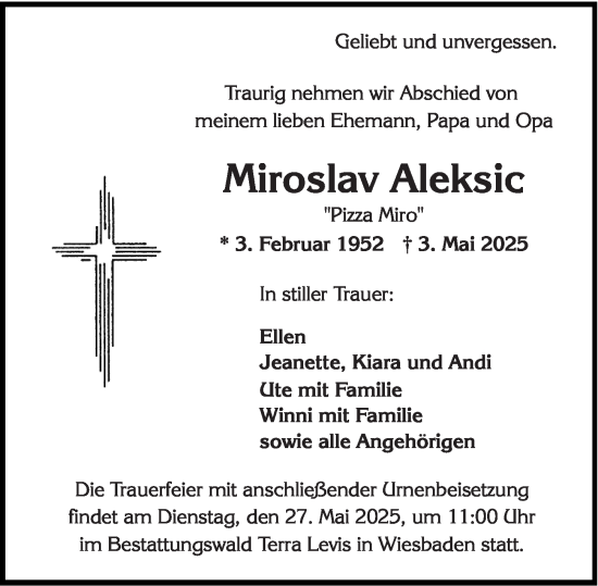Traueranzeige von Miroslav Aleksic von Wiesbadener Kurier