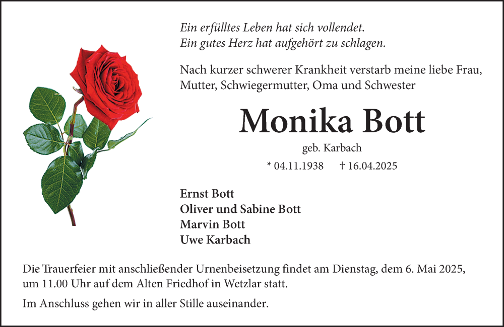  Traueranzeige für Monika Bott vom 03.05.2025 aus Wetzlarer Neue Zeitung