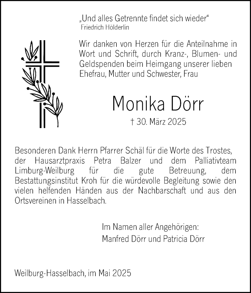  Traueranzeige für Monika Dörr vom 24.05.2025 aus Weilburger Tageblatt