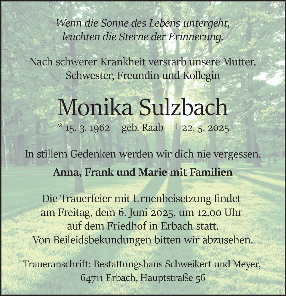  Traueranzeige für Monika Sulzbach vom 31.05.2025 aus Odenwälder Echo