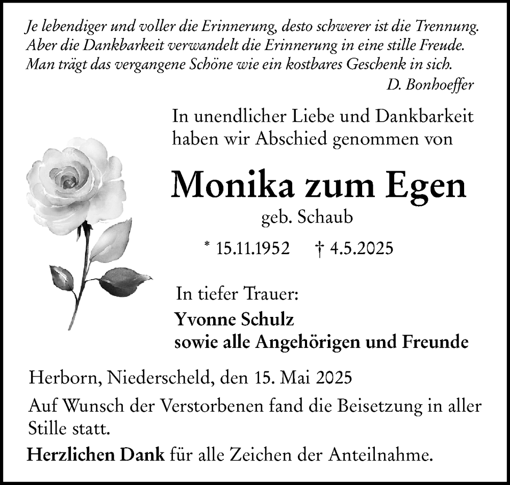  Traueranzeige für Monika zum Egen vom 15.05.2025 aus Dill Block
