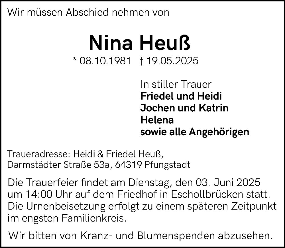  Traueranzeige für Nina Heuß vom 24.05.2025 aus Darmstädter Echo