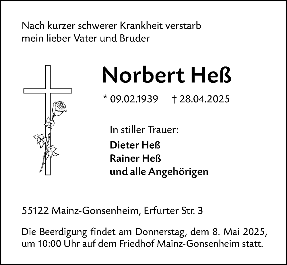  Traueranzeige für Norbert Heß vom 03.05.2025 aus Allgemeine Zeitung Mainz