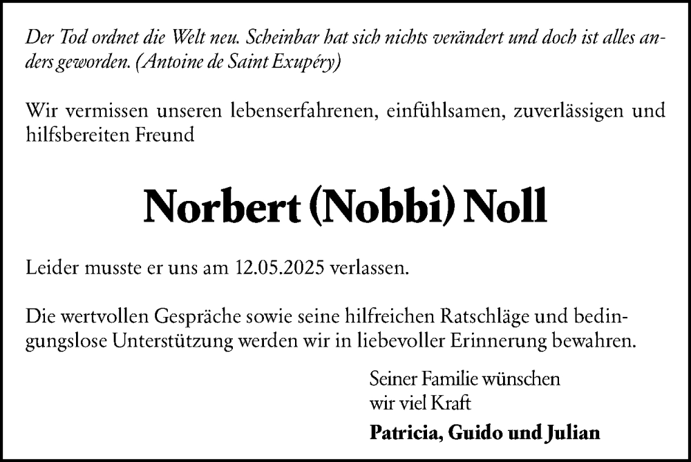  Traueranzeige für Norbert Noll vom 31.05.2025 aus Wiesbadener Kurier