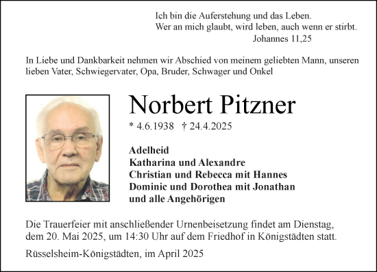 Traueranzeige von Norbert Pitzner von Rüsselsheimer Echo