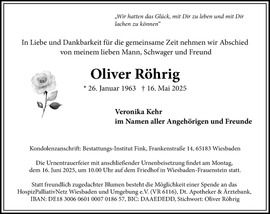 Traueranzeige von Oliver Röhrig von Wiesbadener Kurier
