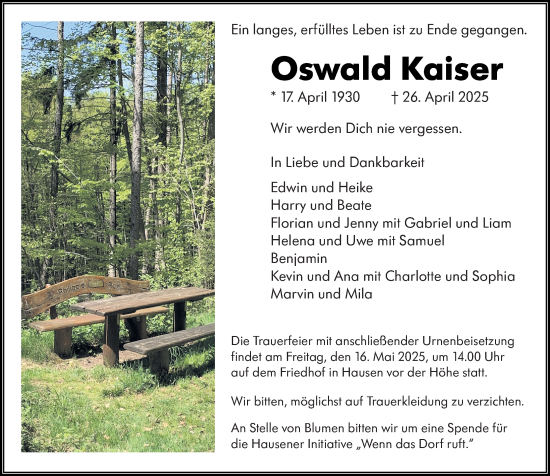 Traueranzeige von Oswald Kaiser von Wiesbadener Kurier