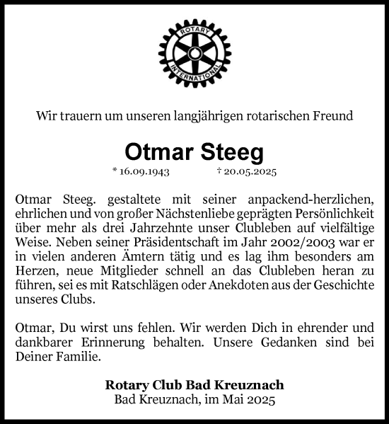Traueranzeige von Otmar Steeg von Allgemeine Zeitung Rheinhessen-Nahe