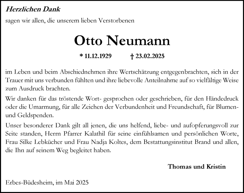  Traueranzeige für Otto Neumann vom 24.05.2025 aus Allgemeine Zeitung Alzey