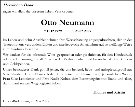Traueranzeige von Otto Neumann von Allgemeine Zeitung Alzey