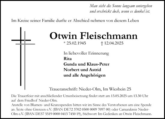 Traueranzeige von Otwin Fleischmann von Allgemeine Zeitung Mainz