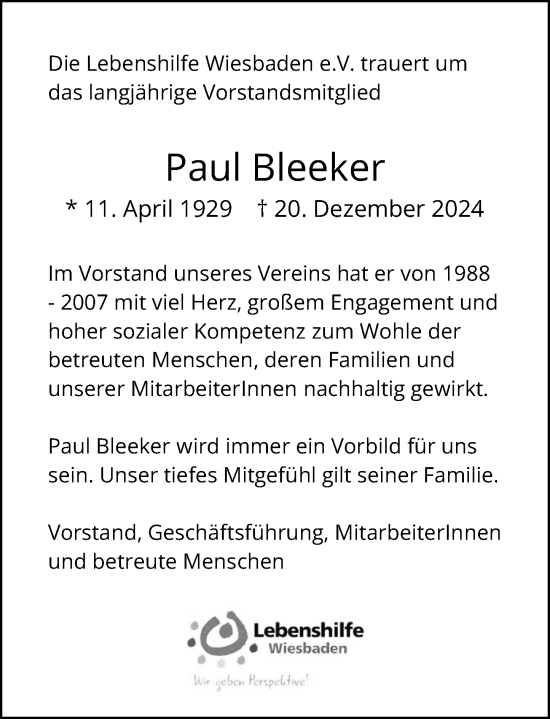 Traueranzeige von Paul Bleeker von Wiesbadener Kurier