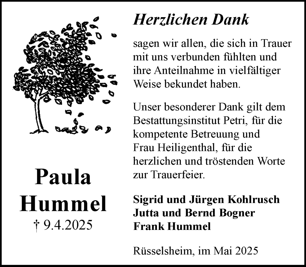  Traueranzeige für Paula Hummel vom 03.05.2025 aus Rüsselsheimer Echo