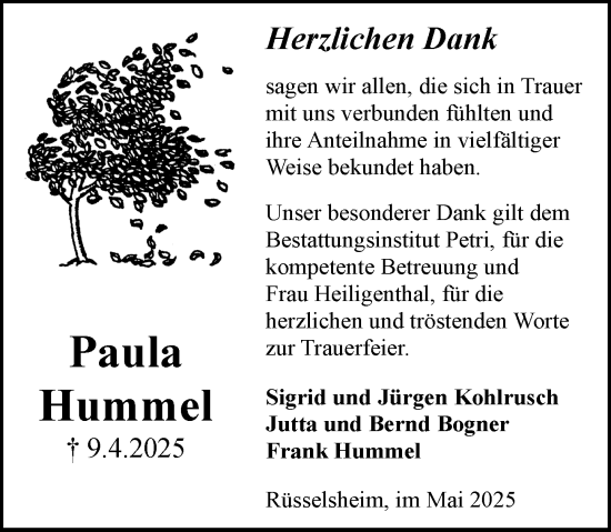 Traueranzeige von Paula Hummel von Rüsselsheimer Echo