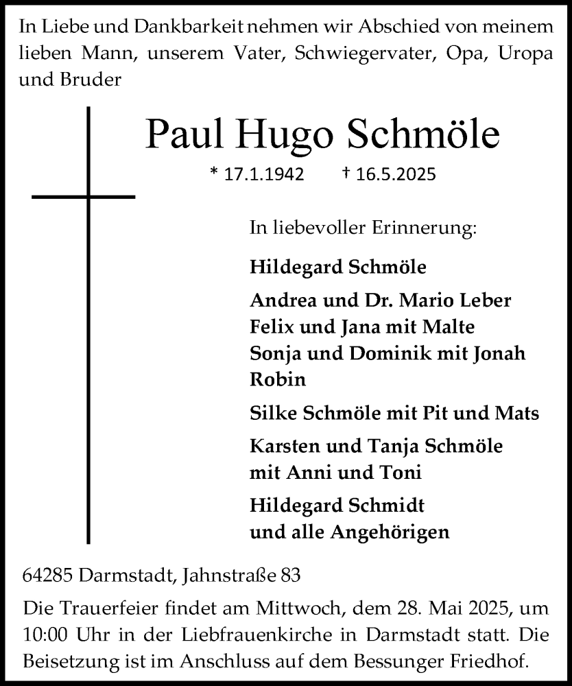  Traueranzeige für Paul Hugo Schmöle vom 24.05.2025 aus Darmstädter Echo