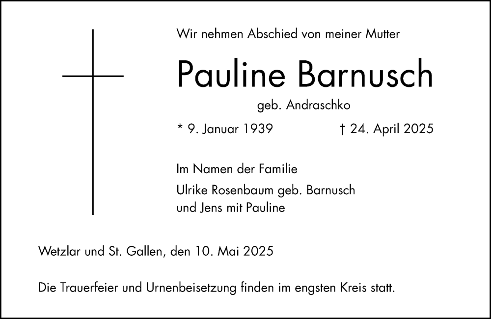 Traueranzeige für Pauline Barnusch vom 10.05.2025 aus Wetzlarer Neue Zeitung