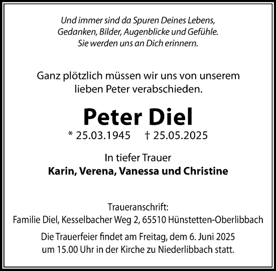 Traueranzeige von Peter Diel von Wiesbadener Kurier