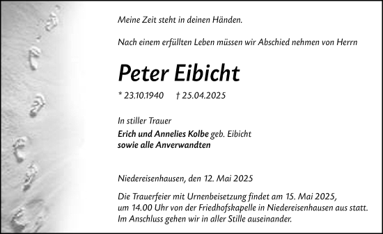 Traueranzeige von Peter Eibicht von Hinterländer Anzeiger