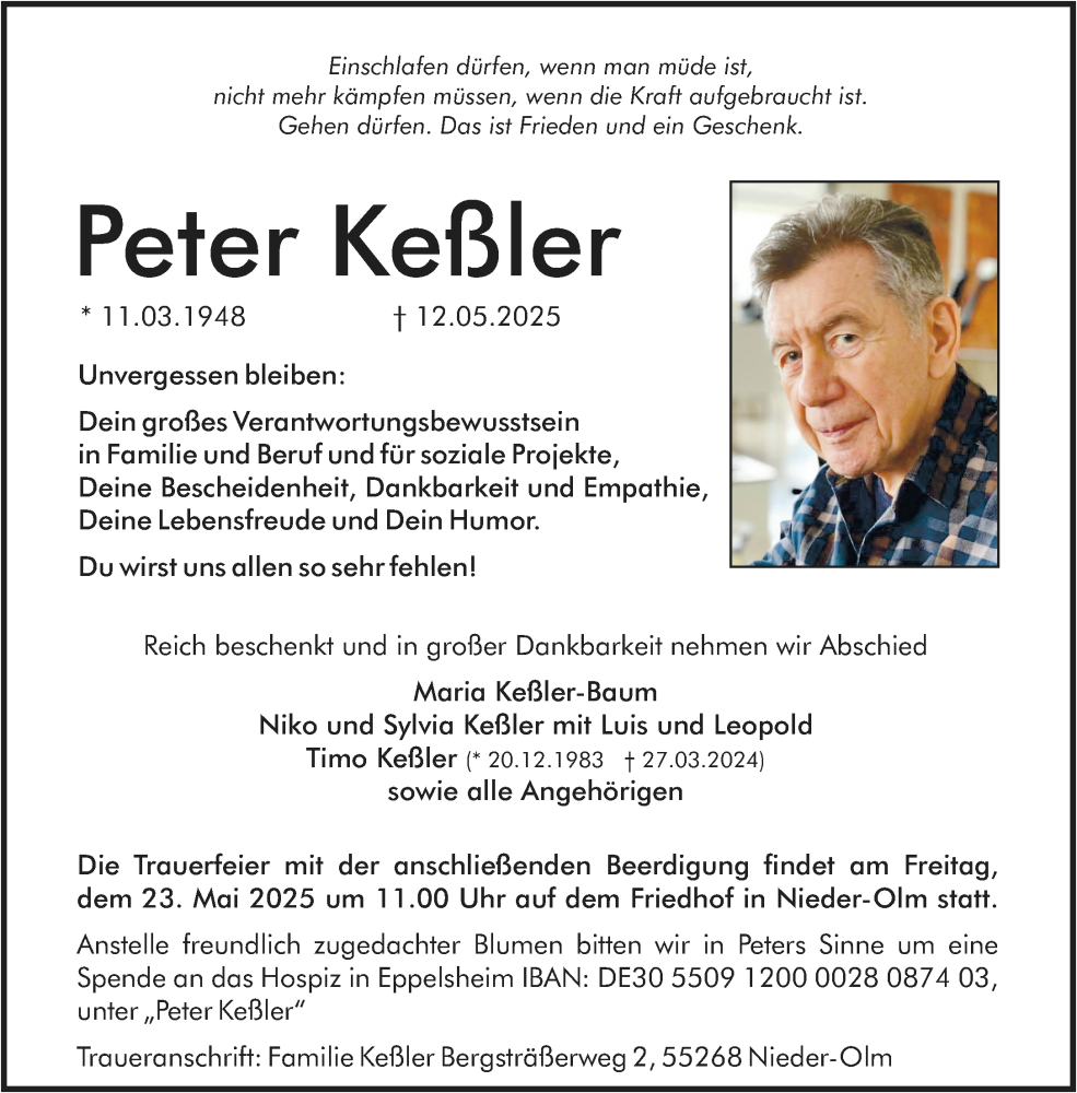  Traueranzeige für Peter Keßler vom 17.05.2025 aus Allgemeine Zeitung Mainz