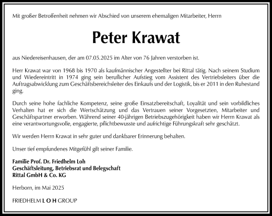 Traueranzeige von Peter Krawat von Hinterländer Anzeiger