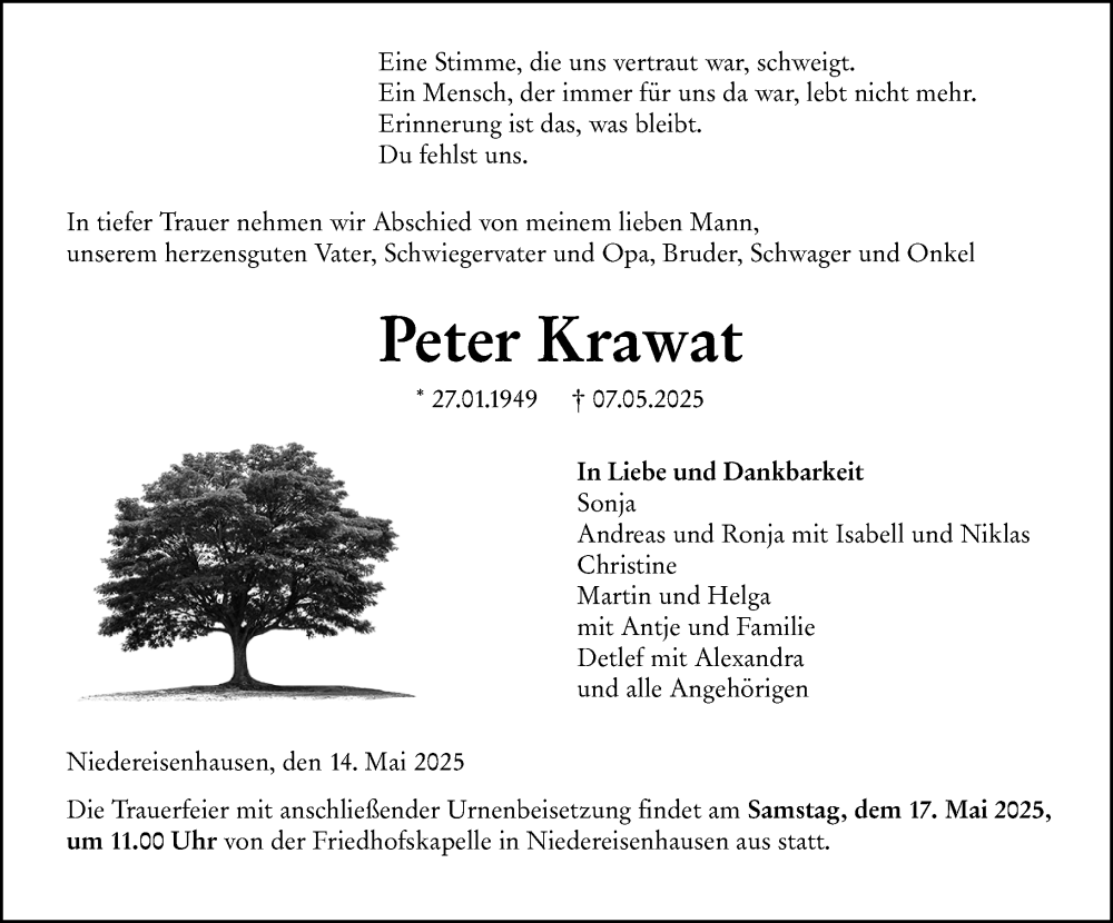  Traueranzeige für Peter Krawat vom 14.05.2025 aus Hinterländer Anzeiger