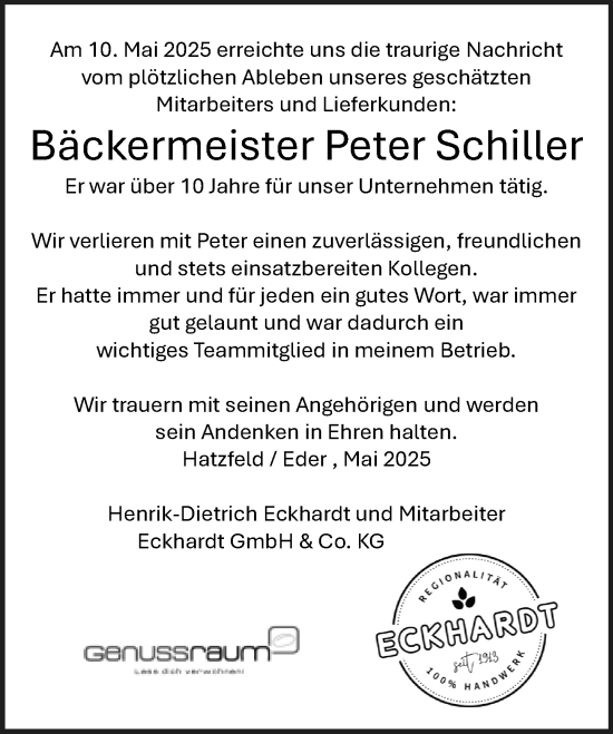 Traueranzeige von Peter Schiller von Hinterländer Anzeiger