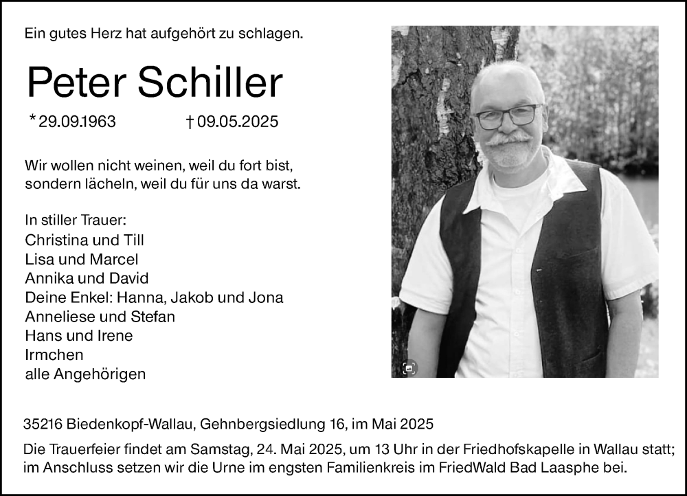  Traueranzeige für Peter Schiller vom 21.05.2025 aus Hinterländer Anzeiger