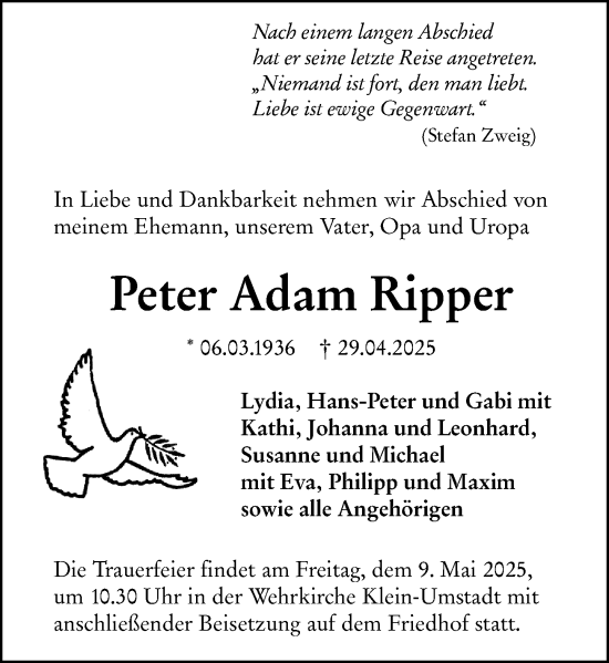 Traueranzeige von Peter Adam Ripper von Odenwälder Echo