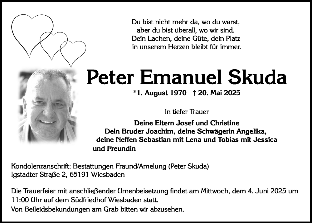  Traueranzeige für Peter Emanuel Skuda vom 31.05.2025 aus Wiesbadener Kurier