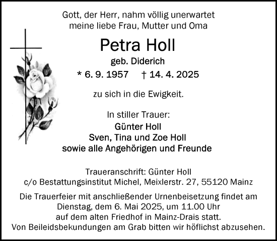 Traueranzeige von Petra Holl von Allgemeine Zeitung Mainz