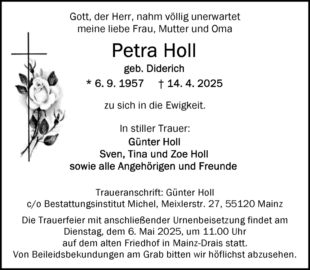  Traueranzeige für Petra Holl vom 03.05.2025 aus Allgemeine Zeitung Mainz