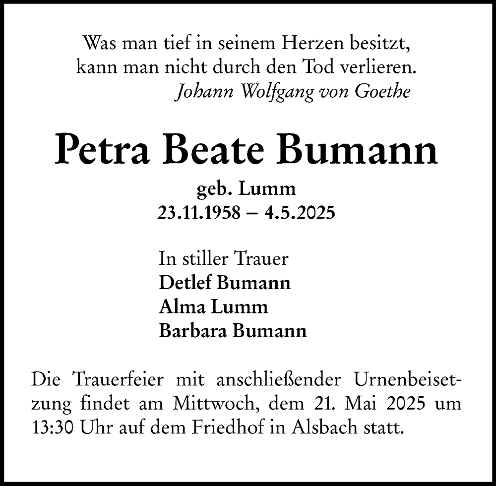  Traueranzeige für Petra Beate Bumann vom 17.05.2025 aus Darmstädter Echo