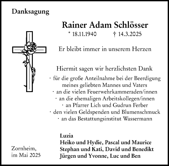 Traueranzeige von Rainer Adam Schlösser von Allgemeine Zeitung Mainz