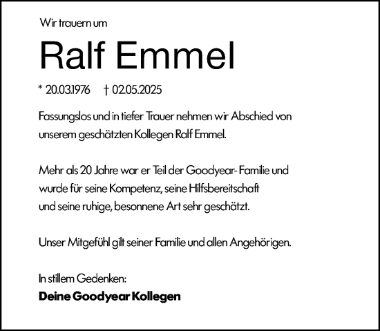 Traueranzeige von Ralf Emmel von Allgemeine Zeitung Mainz