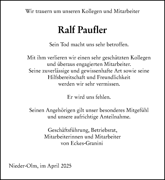 Traueranzeige von Ralf Paufler von Wiesbadener Kurier