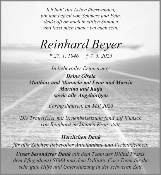 Traueranzeige von Reinhard Beyer von Wetzlarer Neue Zeitung