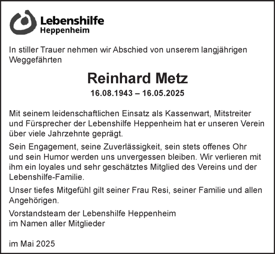 Traueranzeige von Reinhard Metz von Starkenburger Echo