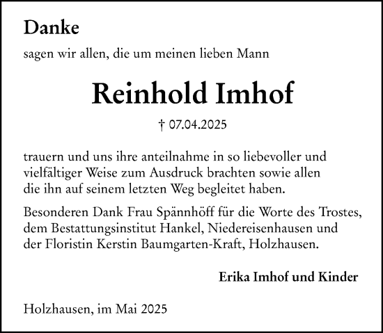 Traueranzeige von Reinhold Imhof von Hinterländer Anzeiger
