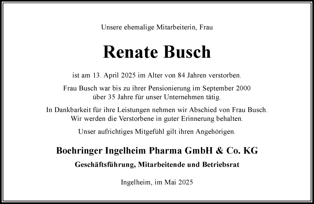  Traueranzeige für Renate Busch vom 02.05.2025 aus Allgemeine Zeitung Rheinhessen-Nahe