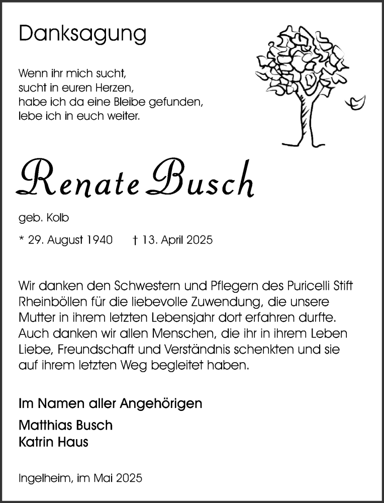  Traueranzeige für Renate Busch vom 10.05.2025 aus Allgemeine Zeitung Rheinhessen-Nahe