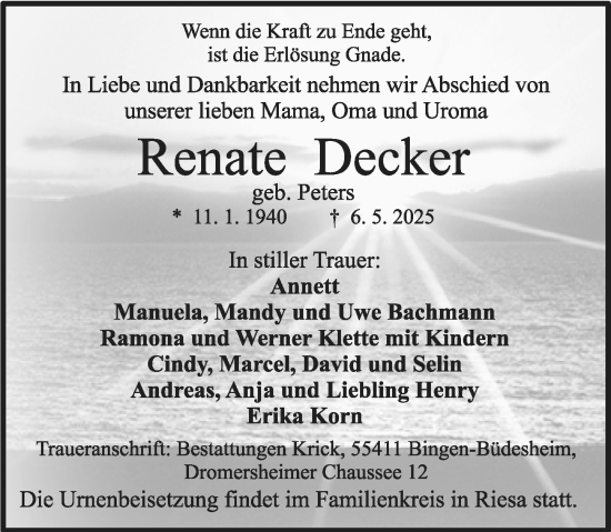 Traueranzeige von Renate Decker von Binger-/Ingelheimer Wochenblatt
